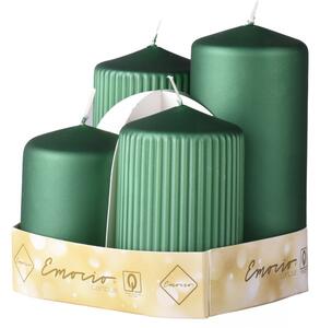 EMOCIO Adventní svíčky hladké a rýhované (sada 4 ks), průměr 65 mm | Tmavě zelený (smaragdový) metal mix