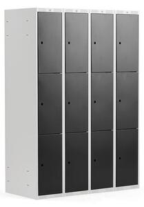 AJ Produkty Boxová šatní skříň CLASSIC, 4 sekce, 12 boxů, 1740x1200x550 mm, šedá, černé dveře