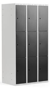 AJ Produkty Boxová šatní skříň CLASSIC, 3 sekce, 9 boxů, 1740x900x550 mm, šedá, černé dveře