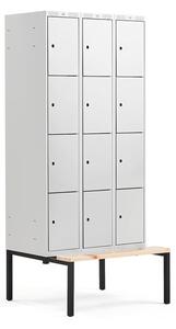 AJ Produkty Boxová šatní skříň CLASSIC, s lavicí, 3 sekce, 12 boxů, 2120x900x550 mm, šedé dveře