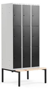 AJ Produkty Boxová šatní skříň CLASSIC, s lavicí, 3 sekce, 9 boxů, 2120x900x550 mm, černé dveře