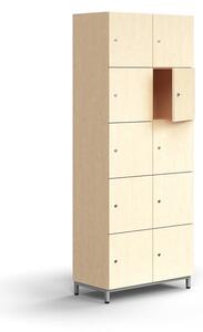 AJ Produkty Skříň QBUS, 10 uzamykatelných boxů, nohy, 2020x800x420 mm, stříbrná, bříza