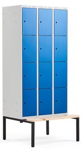AJ Produkty Boxová šatní skříň CLASSIC, s lavicí, 3 sekce, 12 boxů, 2120x900x550 mm, modré dveře
