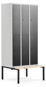 AJ Produkty Boxová šatní skříň CLASSIC, s lavicí, 3 sekce, 6 boxů, 2120x900x550 mm, černé dveře
