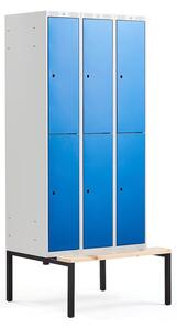 AJ Produkty Boxová šatní skříň CLASSIC, s lavicí, 3 sekce, 6 boxů, 2120x900x550 mm, modré dveře