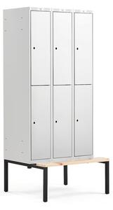 AJ Produkty Boxová šatní skříň CLASSIC, s lavicí, 3 sekce, 6 boxů, 2120x900x550 mm, šedé dveře