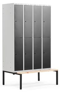 AJ Produkty Boxová šatní skříň CLASSIC, s lavicí, 4 sekce, 8 boxů, 2120x1200x550 mm, černé dveře