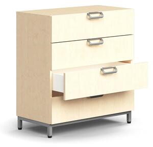 AJ Produkty Skříňka se zásuvkami QBUS, 4 zásuvky, nohy, otevřené úchytky, 868x800x400 mm, stříbrná, bříza