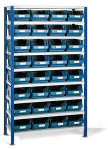 AJ Produkty Regál s plastovými boxy REACH + MIX, 1740x1000x400 mm, 32 modrých boxů