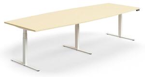 AJ Produkty Jednací stůl QBUS, výškově nastavitelný, ve tvaru sudu, 3200x1200 mm, bílá podnož, bříza