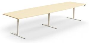 AJ Produkty Jednací stůl QBUS, výškově nastavitelný, ve tvaru sudu, 4000x1200 mm, bílá podnož, bříza