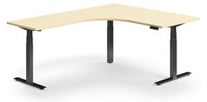 AJ Produkty Výškově nastavitelný stůl QBUS, rohový, 1600x2000 mm, černá podnož, bříza