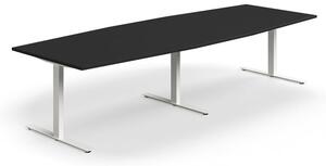 AJ Produkty Jednací stůl QBUS, T-nohy, 3200x1200 mm, tvar člunu, bílá podnož, černá