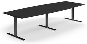 AJ Produkty Jednací stůl QBUS, T-nohy, 3200x1200 mm, tvar člunu, černá podnož, černá