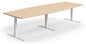 AJ Produkty Jednací stůl QBUS, T-nohy, 3200x1200 mm, tvar člunu, bílá podnož, dub