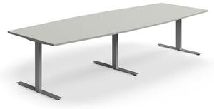 AJ Produkty Jednací stůl QBUS, T-nohy, 3200x1200 mm, tvar člunu, stříbrná podnož, světle šedá