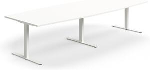 AJ Produkty Jednací stůl QBUS, T-nohy, 3200x1200 mm, tvar člunu, bílá podnož, bílá