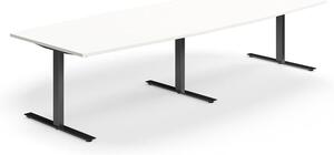 AJ Produkty Jednací stůl QBUS, T-nohy, 3200x1200 mm, tvar člunu, černá podnož, bílá