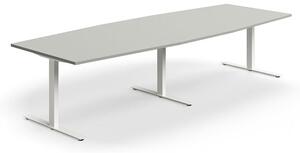 AJ Produkty Jednací stůl QBUS, T-nohy, 3200x1200 mm, tvar člunu, bílá podnož, světle šedá