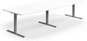 AJ Produkty Jednací stůl QBUS, T-nohy, 3200x1200 mm, tvar člunu, stříbrná podnož, bílá