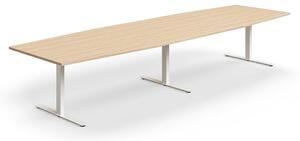 AJ Produkty Jednací stůl QBUS, T-nohy, 4000x1200 mm, tvar člunu, bílá podnož, dub