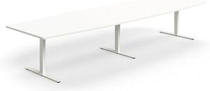 AJ Produkty Jednací stůl QBUS, T-nohy, 4000x1200 mm, tvar člunu, bílá podnož, bílá