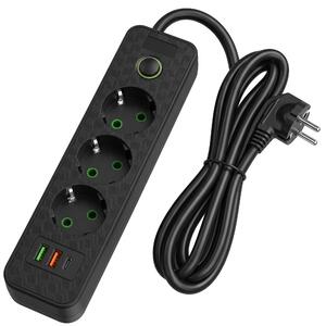 Toolight Toolight, JNH020-3A, prodlužovací lišta 3 zásuvky + 2× USB-A + USB-C, 1,8 m, černá, OSW-56303