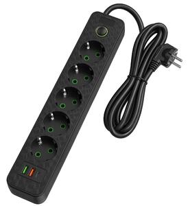 Toolight Toolight, JNH022-5A, prodlužovací lišta 5 zásuvek + 2× USB-A + USB-C, 1,8 m, černá, OSW-56202