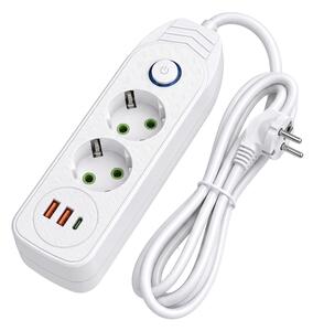 Toolight Toolight, JNH023, prodlužovací lišta 2 zásuvky + 2× USB-A + USB-C, 1,8 m, bílá, OSW-56205