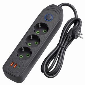 Toolight Toolight, JNH024-3B, prodlužovací lišta 3 zásuvky + 2× USB-A + USB-C, 1,8 m, černá, OSW-56206
