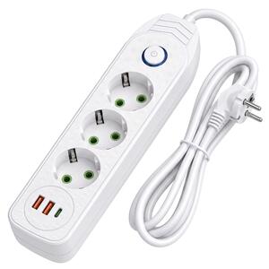 Toolight Toolight, JNH024-3B, prodlužovací lišta 3 zásuvky + 2× USB-A + USB-C, 1,8 m, bílá, OSW-56207
