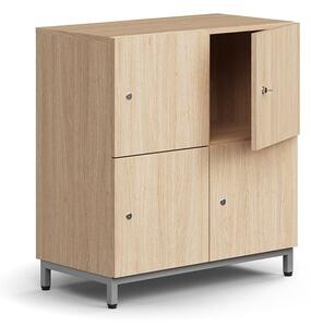 AJ Produkty Skříň QBUS, 4 uzamykatelné boxy, nohy, 868x800x420 mm, stříbrná, dub