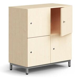 AJ Produkty Skříň QBUS, 4 uzamykatelné boxy, nohy, 868x800x420 mm, stříbrná, bříza
