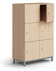 AJ Produkty Skříň QBUS, 6 uzamykatelných boxů, nohy, 1252x800x420 mm, stříbrná, dub