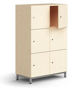 AJ Produkty Skříň QBUS, 6 uzamykatelných boxů, nohy, 1252x800x420 mm, stříbrná, bříza