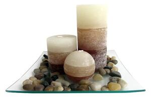 Dárkový set 3 svíčky ,vůně vanilka, na skleněném podnosu s kameny