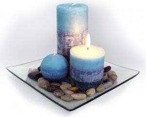 Dárkový set 3 svíčky ,vůně borůvka, na skleněném podnosu s kameny