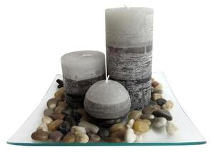 Dárkový set 3 svíček s vůní jasmín na skleněném podnosu s kameny