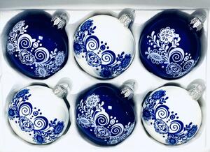 Irisa Sada skleněných vánočních ozdob Blanka bílá, modrá s dekorem cibulák 6 ks