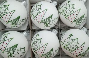 Slezská tvorba Sada skleněných vánočních ozdob koule bílá, hladká, skořápka, barevný dekor stromů