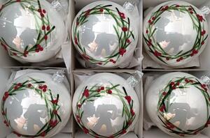 Slezská tvorba Sada skleněných vánočních ozdob koule hladká bílá, barevný malovaný dekor