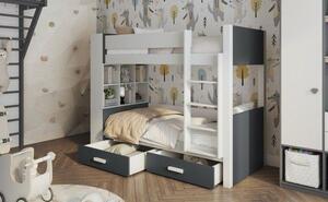 Patrová postel s policemi 80x180 BEDLIA - bílá / antracitová, pravé provedení