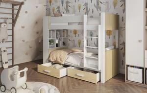 Patrová postel s policemi 80x180 BEDLIA - bílá / dub olejovaný, pravé provedení