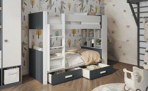 Patrová postel s policemi 80x180 BEDLIA - bílá / antracitová, levé provedení