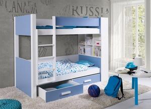 Patrová postel s policemi 80x180 BEDLIA - bílá / modrá, levé provedení