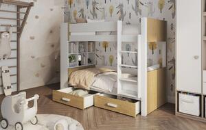 Patrová postel s policemi 80x180 BEDLIA - bílá / dub dune, pravé provedení