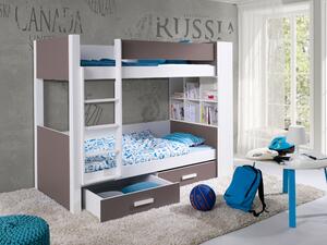 Patrová postel s policemi 80x180 BEDLIA - bílá / dub lanýž, levé provedení