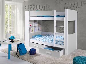 Patrová postel s policemi 80x180 BEDLIA - bílá / šedá, pravé provedení
