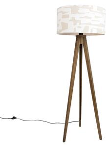 Dřevěná stojací lampa s béžovo-bílým pruhovaným stínidlem 50 cm - Tripod Classic