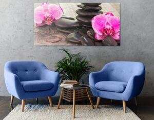 Obraz orchidej a Zen kameny na dřevěném podkladu